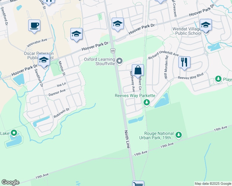 map of restaurants, bars, coffee shops, grocery stores, and more near 46 Daws Hare Crescent in Whitchurch-Stouffville