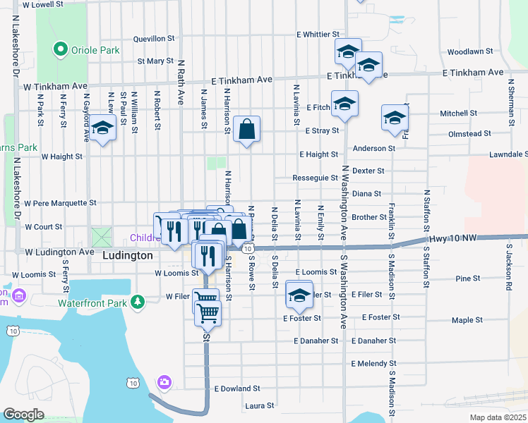 map of restaurants, bars, coffee shops, grocery stores, and more near 301 North Rowe Street in Ludington