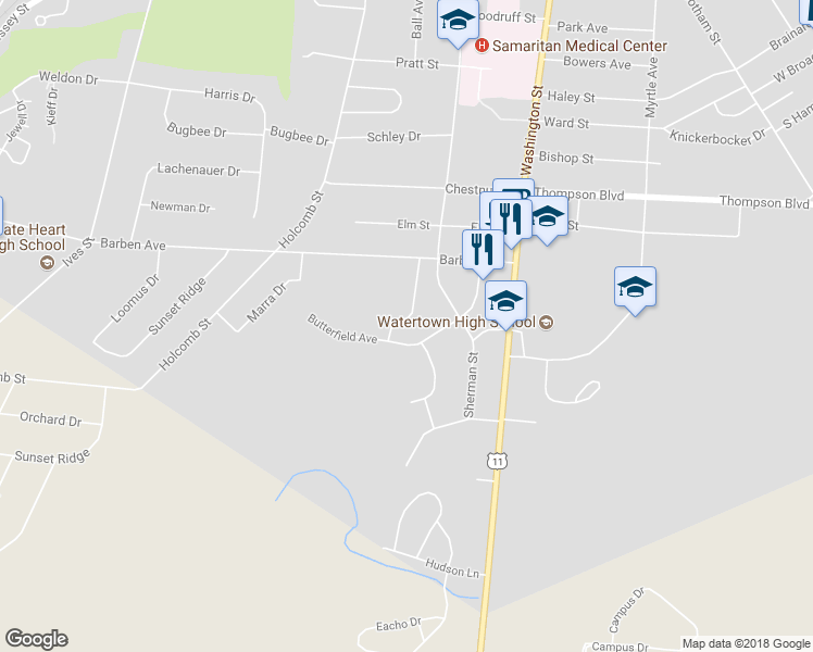map of restaurants, bars, coffee shops, grocery stores, and more near 1355 Richards Drive in Watertown
