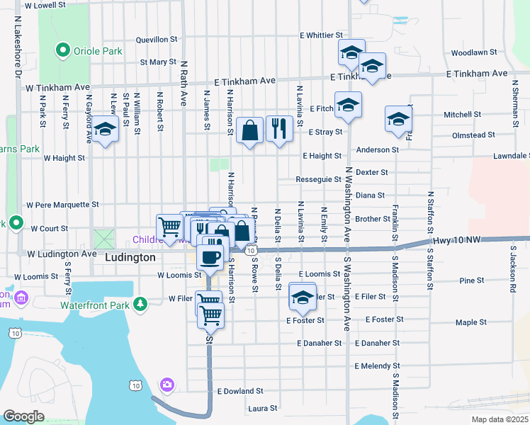 map of restaurants, bars, coffee shops, grocery stores, and more near 301 East Court Street in Ludington