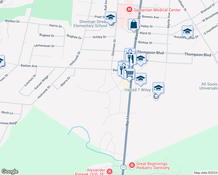 map of restaurants, bars, coffee shops, grocery stores, and more near 216 Butterfield Avenue in Watertown