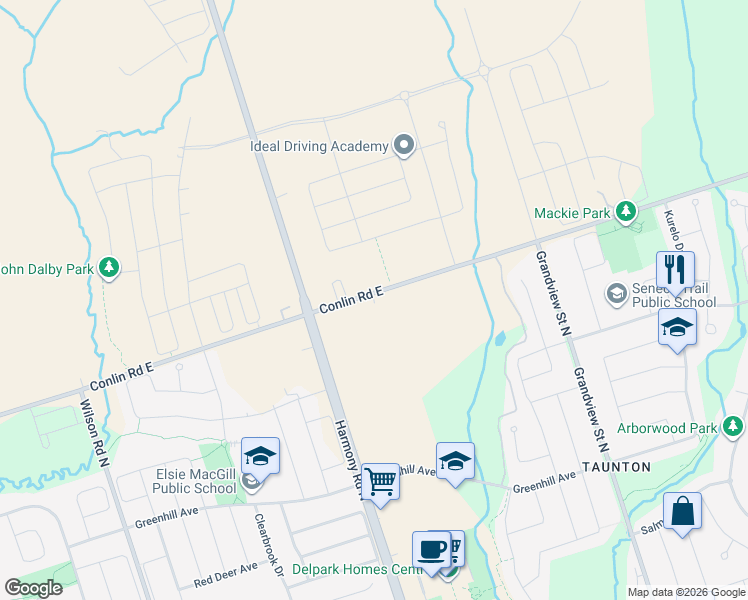 map of restaurants, bars, coffee shops, grocery stores, and more near 1201 Conlin Road East in Oshawa
