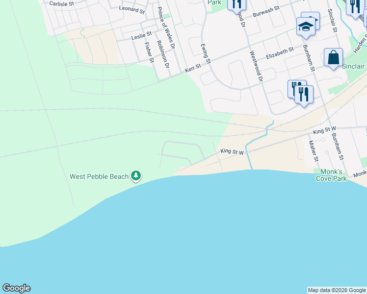 map of restaurants, bars, coffee shops, grocery stores, and more near 13 Glen Watford Road in Cobourg