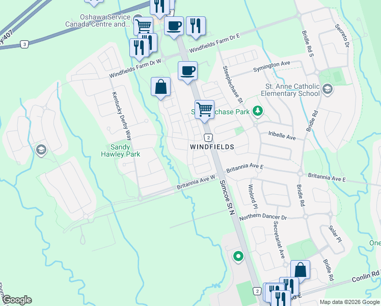 map of restaurants, bars, coffee shops, grocery stores, and more near 2372 Chevron Prince Path in Oshawa