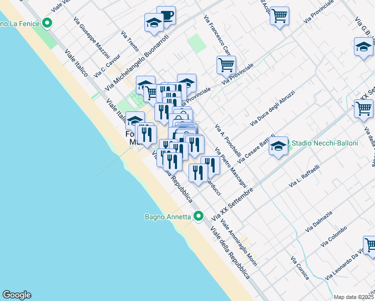 map of restaurants, bars, coffee shops, grocery stores, and more near 41 Via G. Carducci in Forte dei Marmi