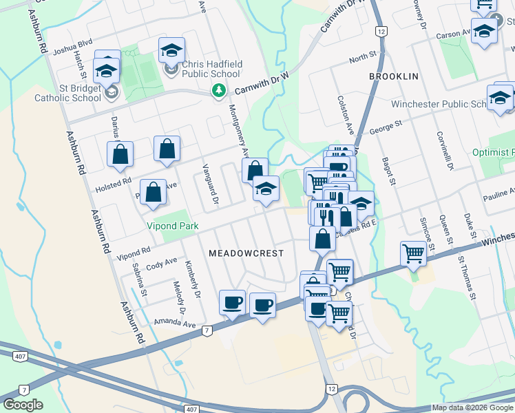 map of restaurants, bars, coffee shops, grocery stores, and more near 21 Vanguard Drive in Whitby