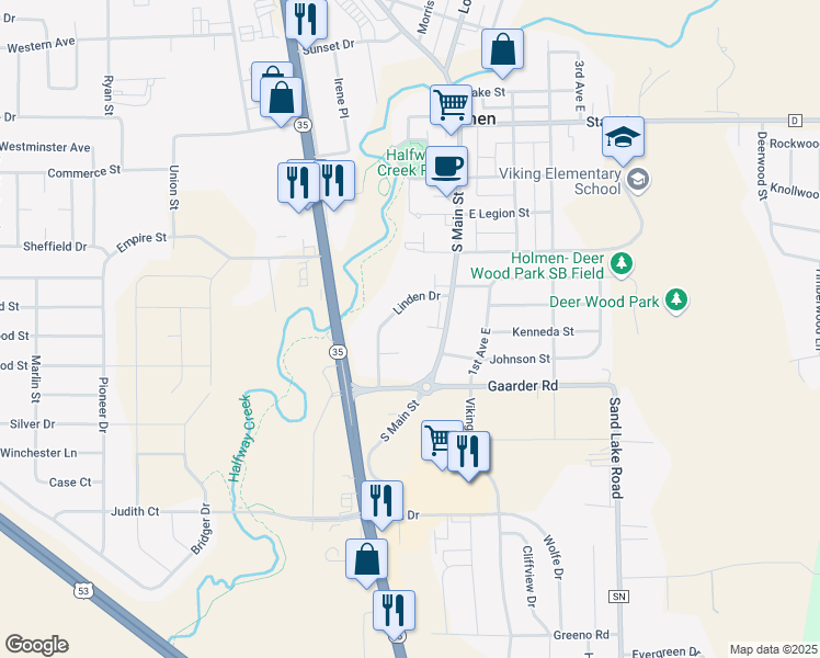 map of restaurants, bars, coffee shops, grocery stores, and more near 903 Linden Drive in Holmen