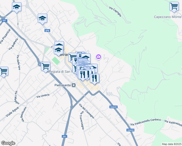 map of restaurants, bars, coffee shops, grocery stores, and more near 1 Via Sant'Agostino in Pietrasanta