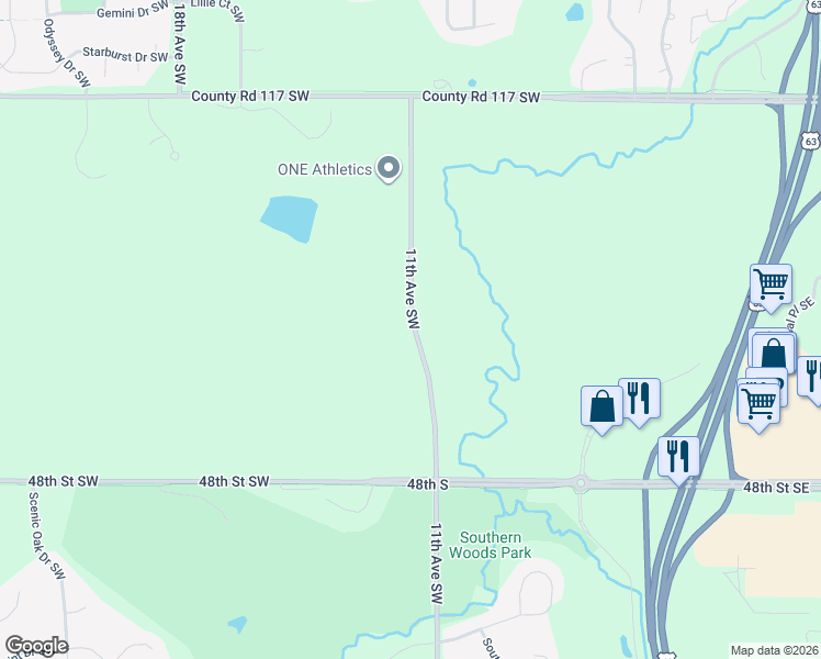 map of restaurants, bars, coffee shops, grocery stores, and more near 4500 11th Avenue Southwest in Rochester