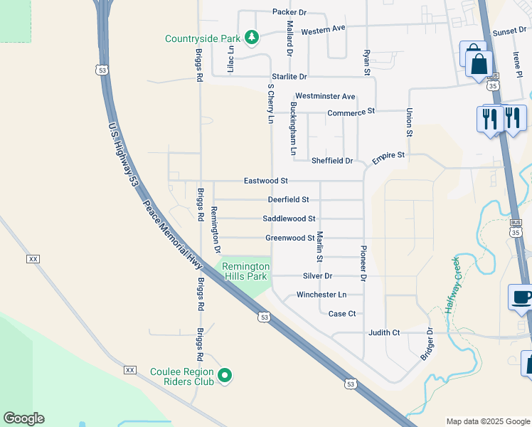 map of restaurants, bars, coffee shops, grocery stores, and more near 1001 Saddlewood Street in Holmen