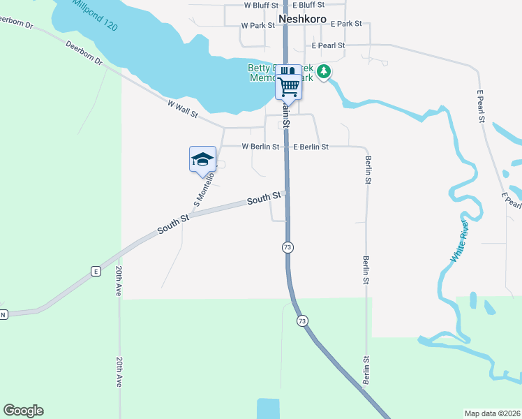 map of restaurants, bars, coffee shops, grocery stores, and more near 203 South Street in Neshkoro