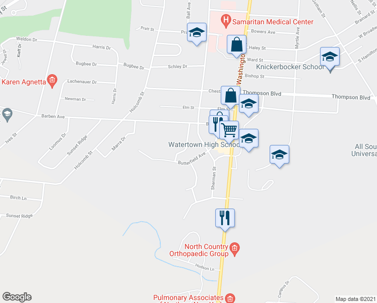 map of restaurants, bars, coffee shops, grocery stores, and more near 1349 Richards Drive in Watertown