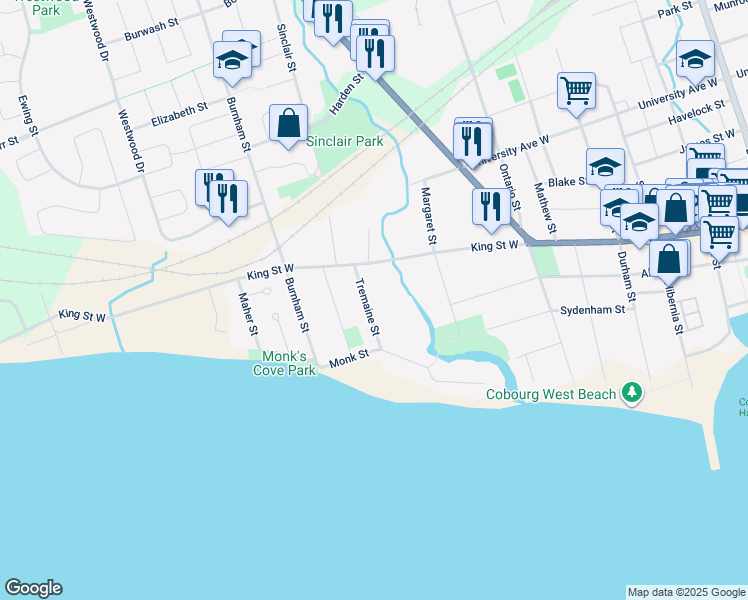 map of restaurants, bars, coffee shops, grocery stores, and more near 176 Tremaine Street in Cobourg