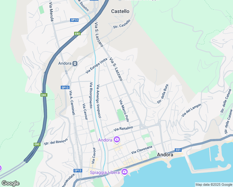 map of restaurants, bars, coffee shops, grocery stores, and more near 64 Via Marco Polo in Marina di Andora