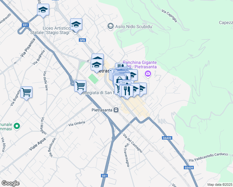 map of restaurants, bars, coffee shops, grocery stores, and more near 14 Via Guglielmo Oberdan in Pietrasanta