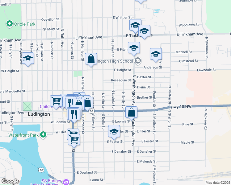 map of restaurants, bars, coffee shops, grocery stores, and more near 210 North Lavinia Street in Ludington