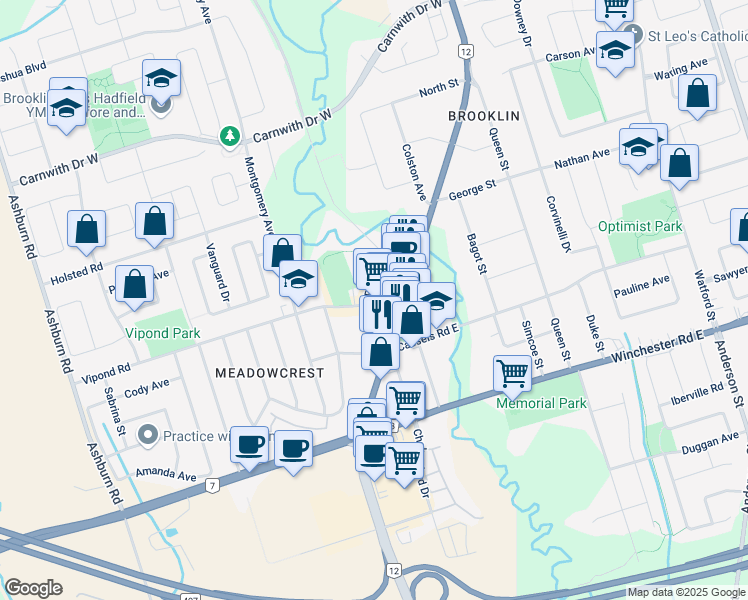 map of restaurants, bars, coffee shops, grocery stores, and more near 6 Campbell Street in Whitby