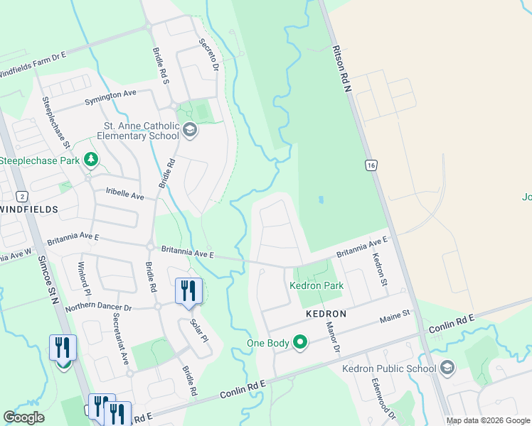 map of restaurants, bars, coffee shops, grocery stores, and more near 2337 Pindar Crescent in Oshawa