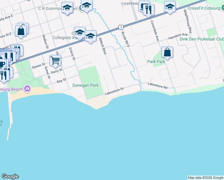 map of restaurants, bars, coffee shops, grocery stores, and more near 352 Lakeshore Drive in Cobourg