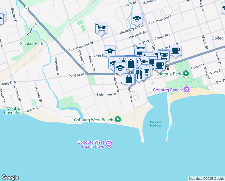 map of restaurants, bars, coffee shops, grocery stores, and more near in Cobourg