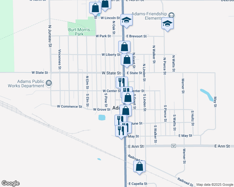 map of restaurants, bars, coffee shops, grocery stores, and more near 108 South Oak Street in Adams