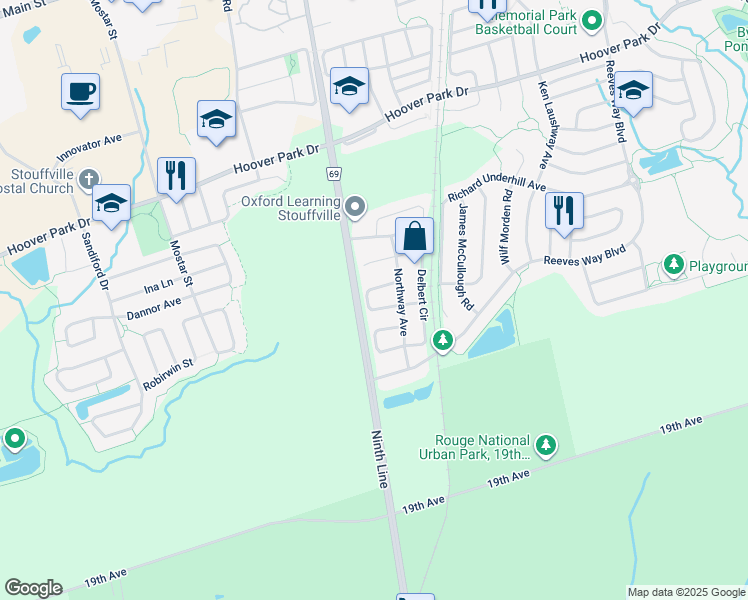 map of restaurants, bars, coffee shops, grocery stores, and more near 46 Daws Hare Crescent in Whitchurch-Stouffville