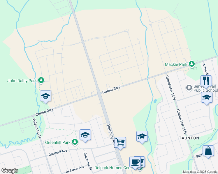 map of restaurants, bars, coffee shops, grocery stores, and more near 1120 Conlin Road East in Oshawa