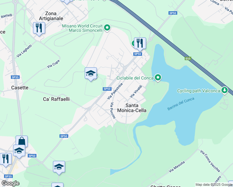 map of restaurants, bars, coffee shops, grocery stores, and more near 15 Via Giacomo Puccini in Santa Monica-Cella