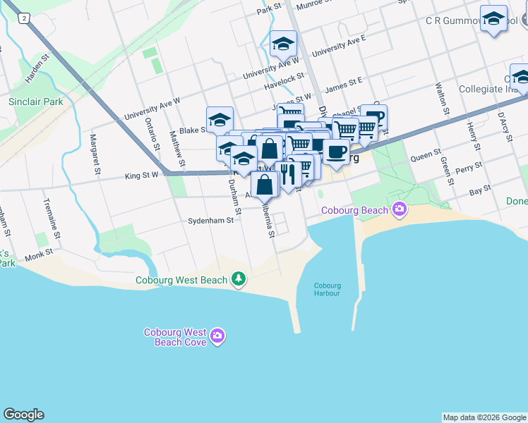 map of restaurants, bars, coffee shops, grocery stores, and more near 135 Orr Street in Cobourg