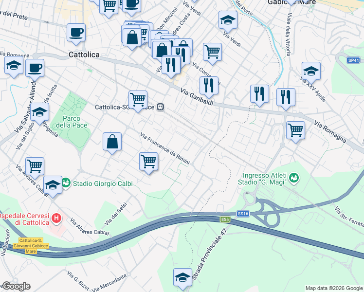 map of restaurants, bars, coffee shops, grocery stores, and more near 11 Via Longo Luigi in Cattolica
