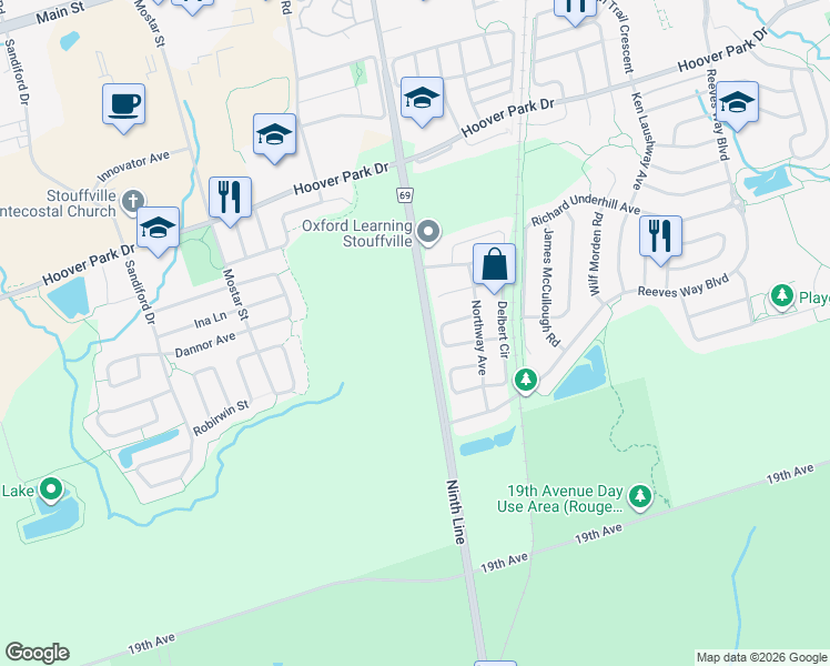 map of restaurants, bars, coffee shops, grocery stores, and more near 11750 Ninth Line in Whitchurch-Stouffville