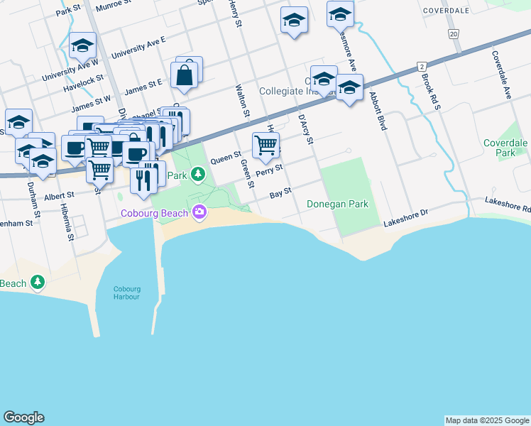 map of restaurants, bars, coffee shops, grocery stores, and more near 94 Green Street in Cobourg