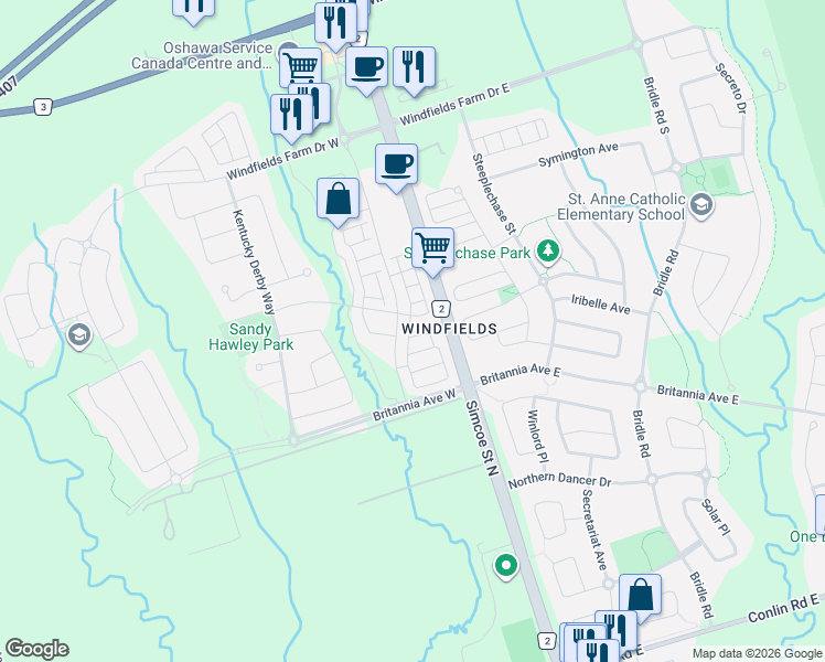 map of restaurants, bars, coffee shops, grocery stores, and more near 2387 Chevron Prince Path in Oshawa