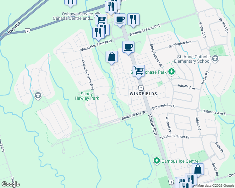 map of restaurants, bars, coffee shops, grocery stores, and more near in Oshawa