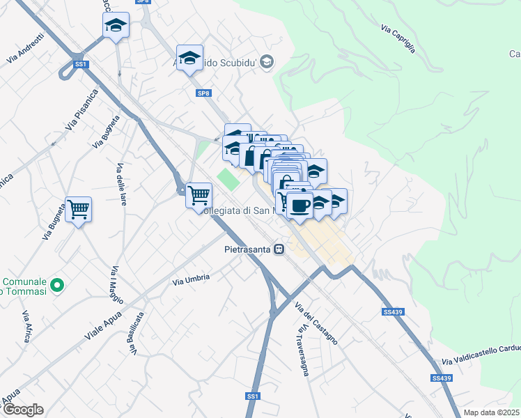 map of restaurants, bars, coffee shops, grocery stores, and more near 33 Via Martinatica in Pietrasanta