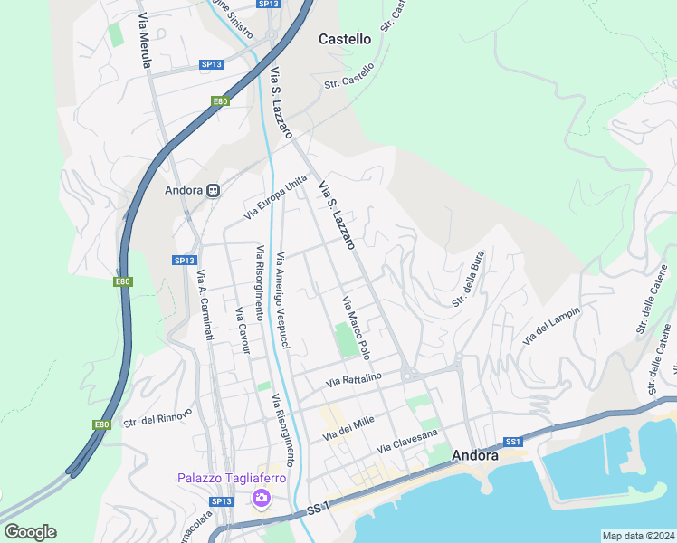 map of restaurants, bars, coffee shops, grocery stores, and more near 64 Via Marco Polo in Marina di Andora