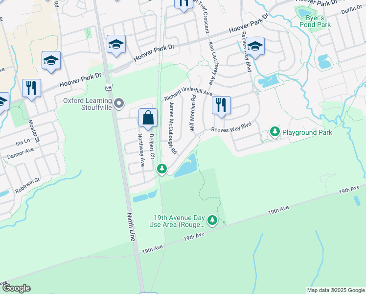 map of restaurants, bars, coffee shops, grocery stores, and more near 414 Reeves Way Boulevard in Whitchurch-Stouffville