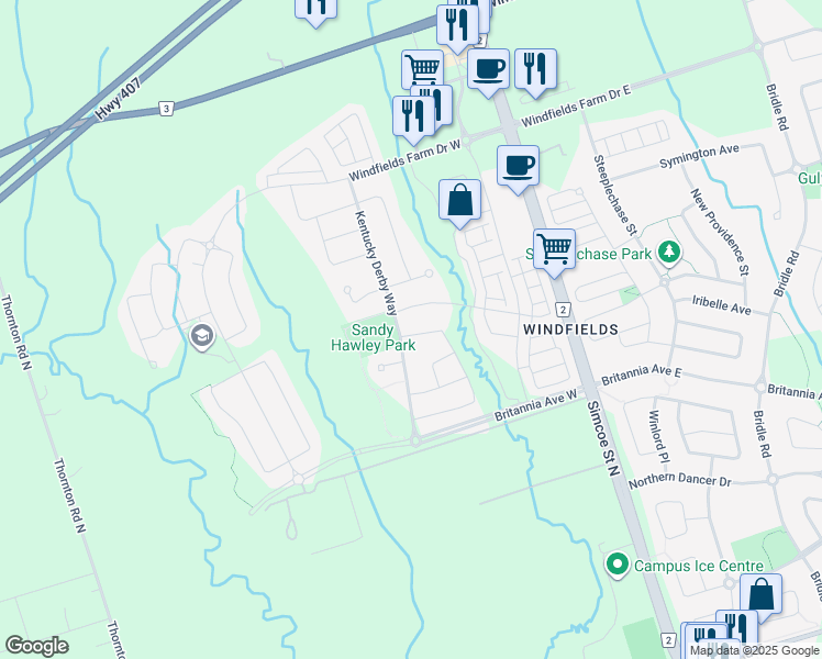 map of restaurants, bars, coffee shops, grocery stores, and more near 193 Ice Palace Crescent in Oshawa