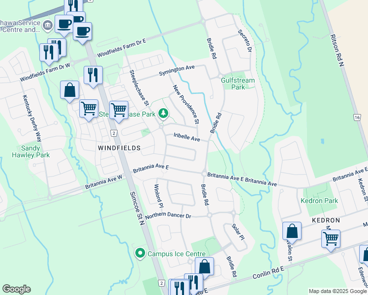 map of restaurants, bars, coffee shops, grocery stores, and more near Blackwell Crescent in Oshawa