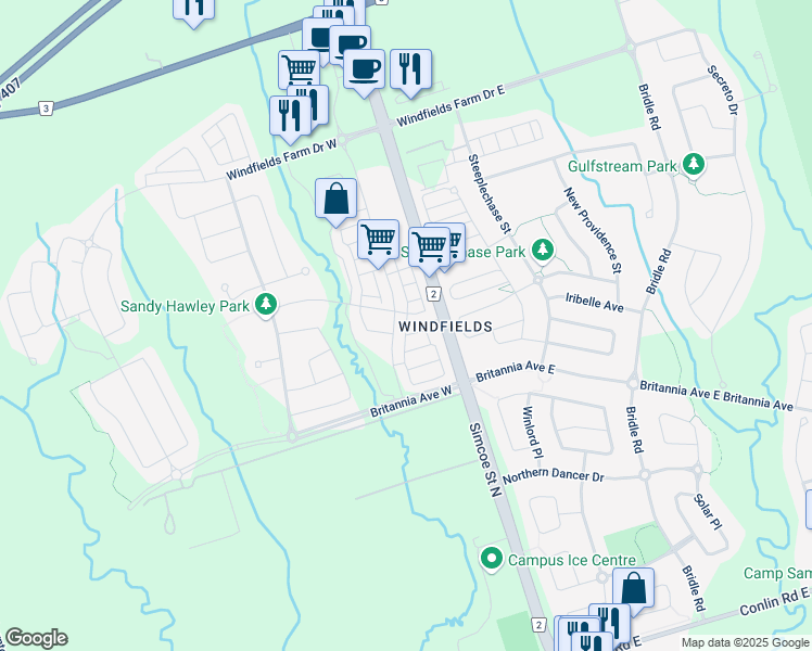 map of restaurants, bars, coffee shops, grocery stores, and more near 2382 Chevron Prince Path in Oshawa