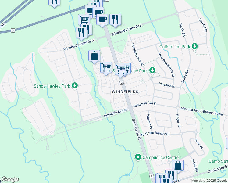 map of restaurants, bars, coffee shops, grocery stores, and more near 2385 Chevron Prince Path in Oshawa