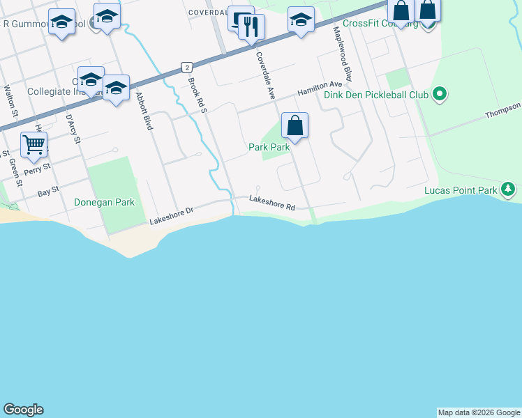 map of restaurants, bars, coffee shops, grocery stores, and more near 519 Lakeshore Road in Cobourg