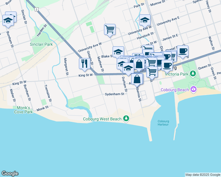 map of restaurants, bars, coffee shops, grocery stores, and more near 171 Bagot Street in Cobourg