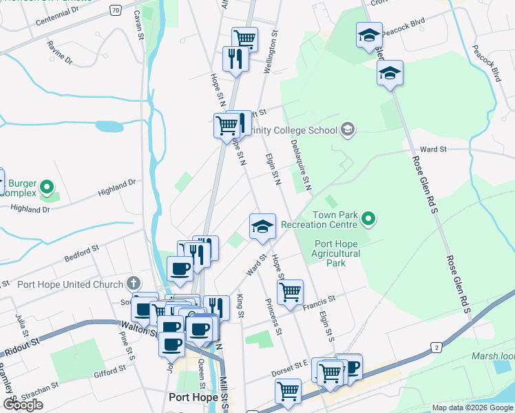 map of restaurants, bars, coffee shops, grocery stores, and more near Hope Street North in Port Hope