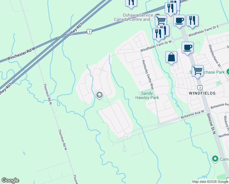 map of restaurants, bars, coffee shops, grocery stores, and more near 2485 Bandsman Crescent in Oshawa
