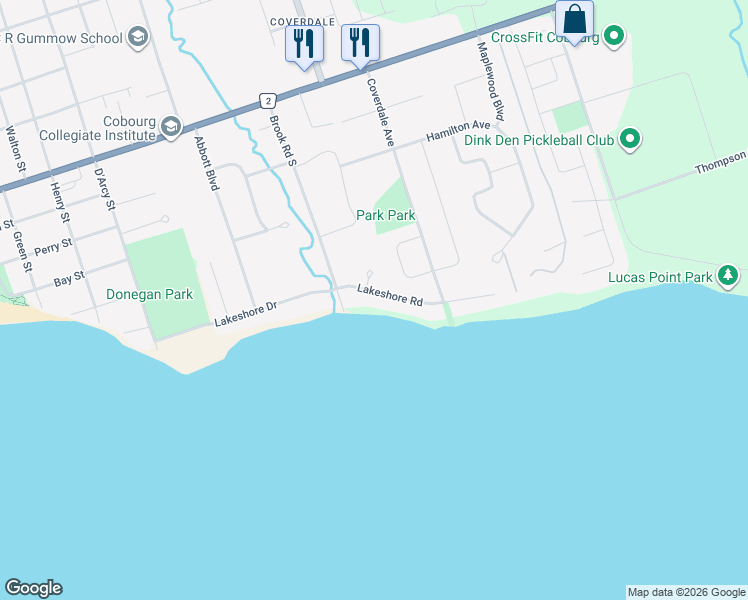 map of restaurants, bars, coffee shops, grocery stores, and more near 519 Lakeshore Road in Cobourg