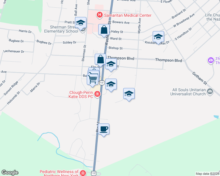 map of restaurants, bars, coffee shops, grocery stores, and more near 1335 Washington Street in Watertown