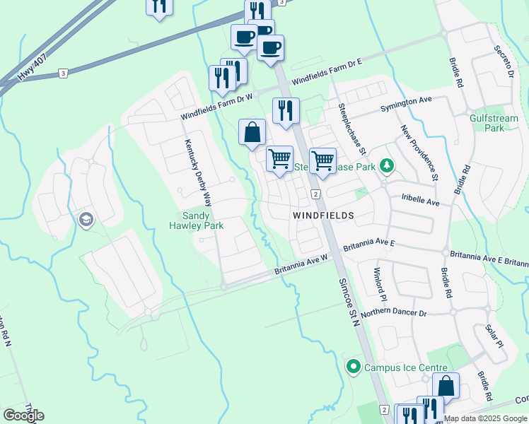map of restaurants, bars, coffee shops, grocery stores, and more near in Oshawa