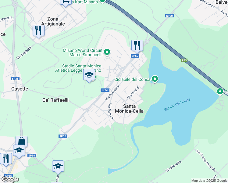 map of restaurants, bars, coffee shops, grocery stores, and more near 15 Via Giacomo Puccini in Santa Monica-Cella