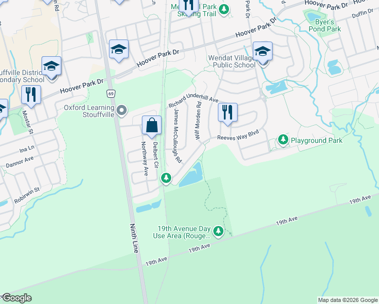 map of restaurants, bars, coffee shops, grocery stores, and more near 406 Reeves Way Boulevard in Whitchurch-Stouffville